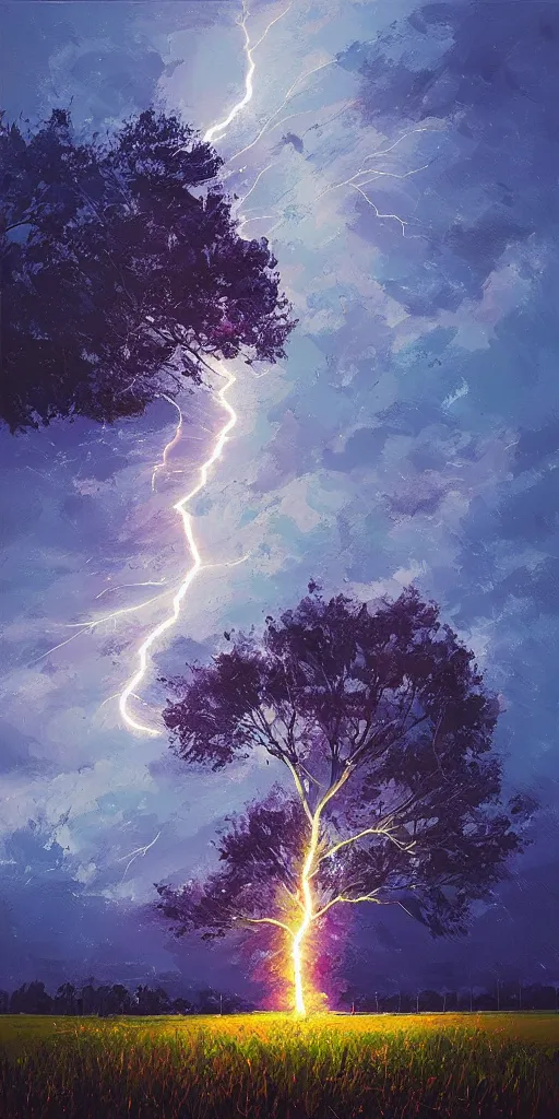 Image similar to lightning strikes a tree in the middle of a field, painting By Alena Aenami,