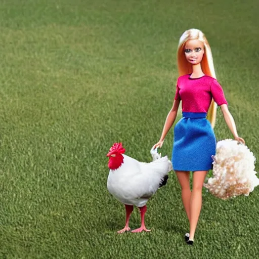 Image similar to barbie walking her pet chicken