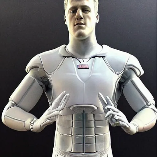 Image similar to “a realistic detailed photo of a guy who is an attractive humanoid who is half robot and half humanoid, who is a male android, football player JJ Watt, shiny skin, posing like a statue, blank stare”