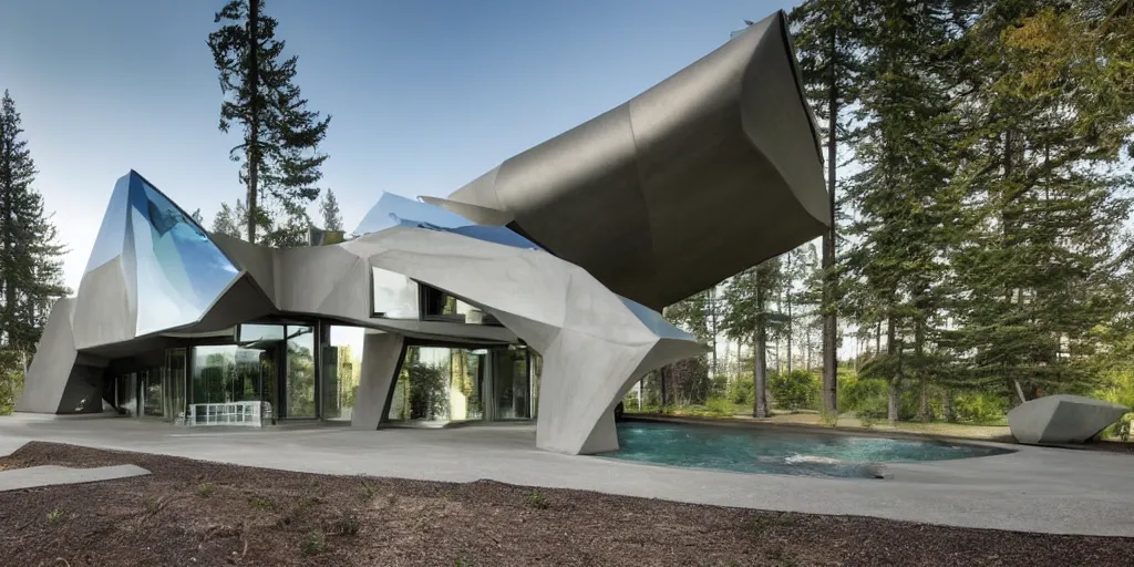 Prompt: large futuristic residence, gray concrete, many large windows, washington state, water features, triangular elements