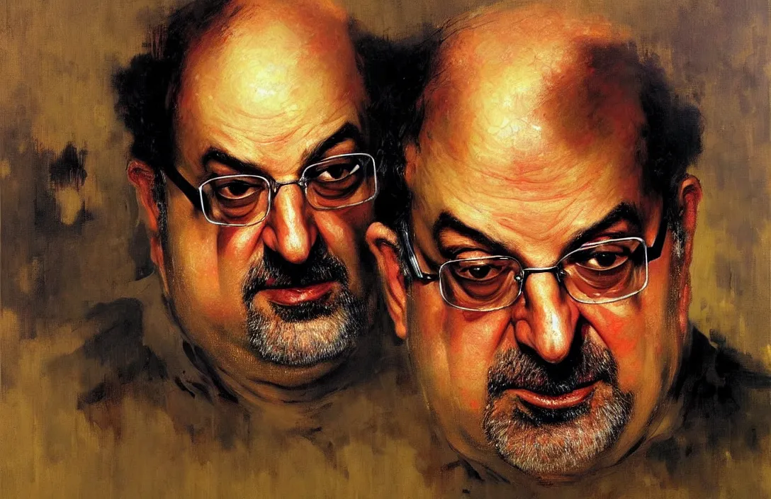 Prompt: portrait of salman rushdie!!!!!!!!!!!!!!!!!!!!!!!!!!!, detailed face, detailed painting, epic lighting, by ilya repin, phil hale and kent williams