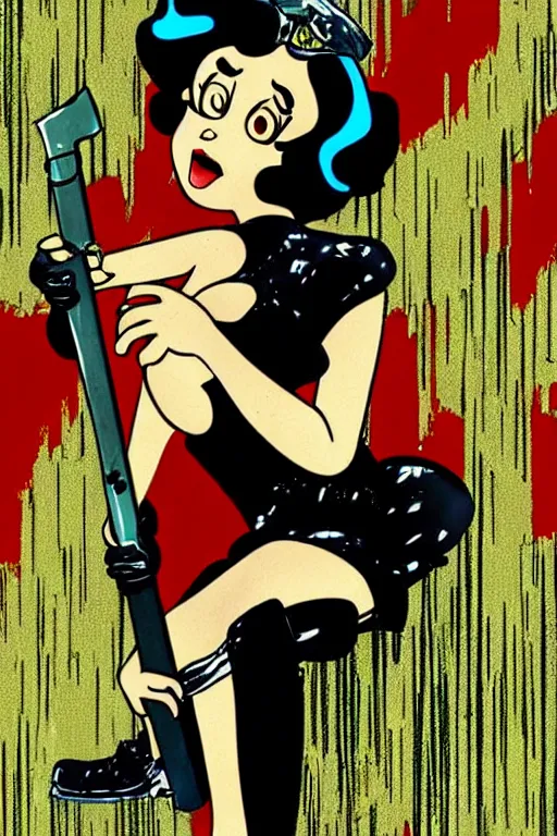 Image similar to betty boop in blade runner, smoking a cigarette holding a sword in the rain. digital art, retro cyberpunk