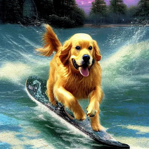 Prompt: a golden retriever wakeboarding, by Thomas Kinkade and H. R. Giger