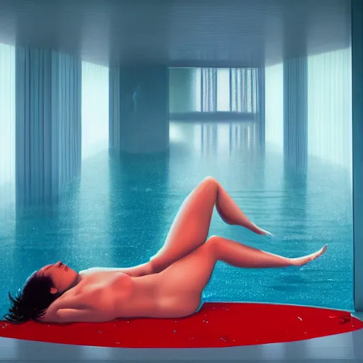 Image similar to British model Josie Lane with beautiful face and full body laying in a blood red pool of water between a bright golden glowing mirror frame, outside is space and inside the mirror frame is a beautiful landscape. Hyperrealistic surreal 4K IMAX Rene Margritte intricate, elegant, highly detailed, digital painting, artstation, concept art, smooth, sharp focus, illustration, art by artgerm, Francis bacon, HR Giger and greg rutkowski and alphonse mucha