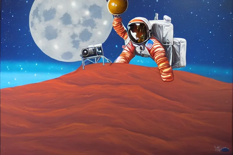 Image similar to an astronaut laying on mars in the style of flooko, acrylic art, detailed, moonlight,