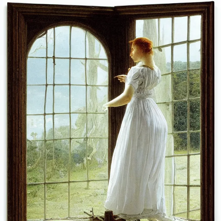 Image similar to painting of a broken window with a beautiful white woman on the outside by caspar david friedrich