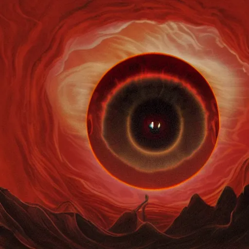 Prompt: translucent fleshy column of gory tendrils holding up a giant all - seeing eyeball, sharp mountains in the distance, dark red sky, smoke rising, apocalyptic, extremely detailed