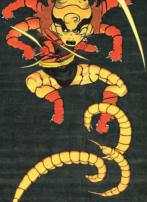 Image similar to mortal kombat's scorpion as a yokai illustrated by kawanabe kyosai and toriyama sekien