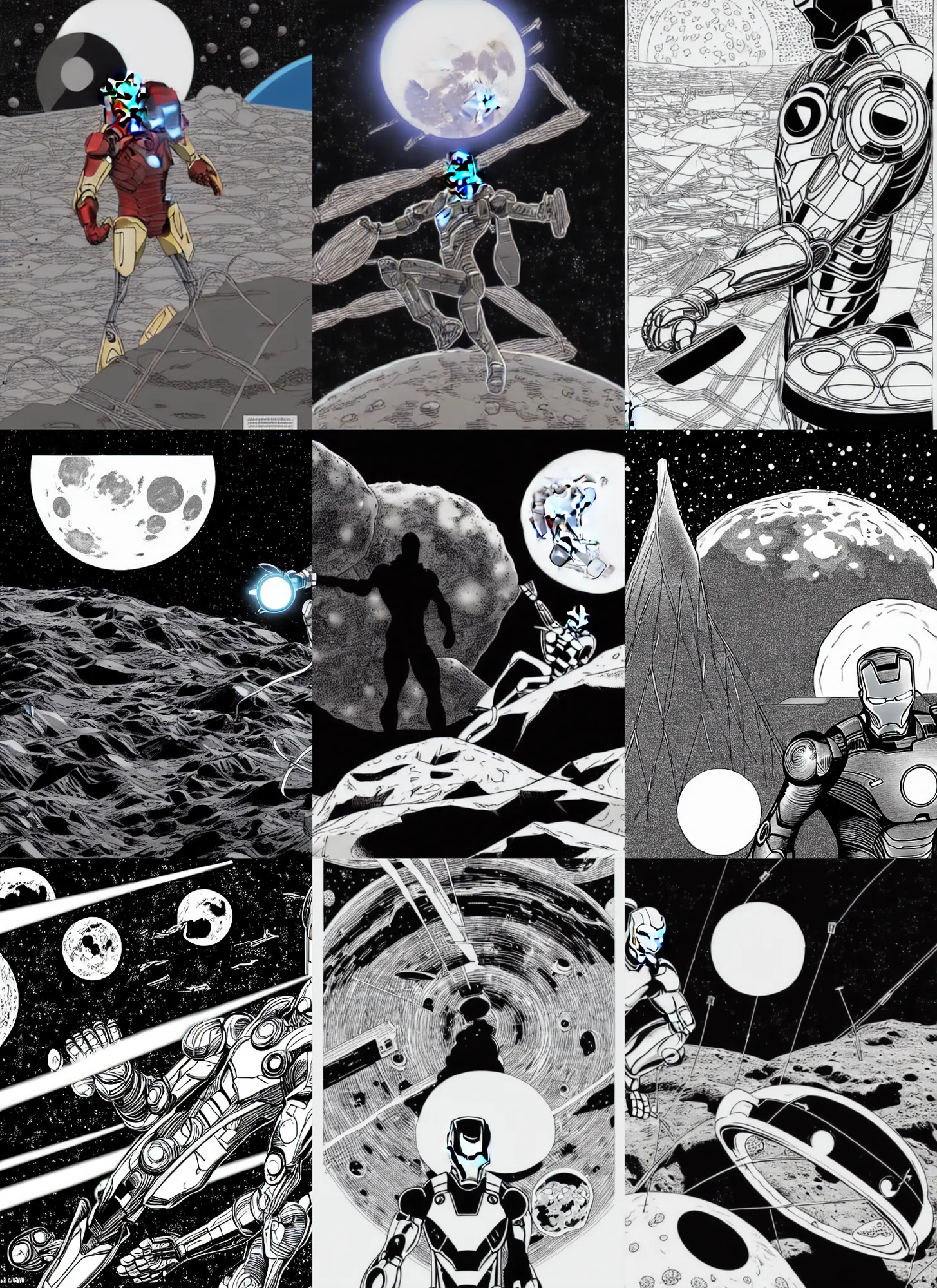 Prompt: sad iron man with blue heart eats shawarma on the ogly destroed moon, distant wires earth background, by tsutomu nihei, black and white, isometric, perspective