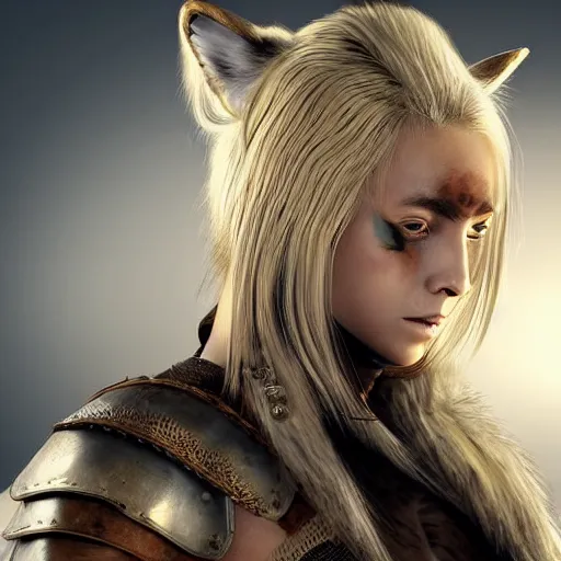 Prompt: beautiful blonde warrior girl with leather armor and wolf pelts, wolf heads, aggressive look, full body, photorealistic, soft lighting