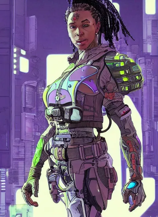 Image similar to sonya igwe. apex legends cyberpunk fitness babe. concept art by james gurney and mœbius.