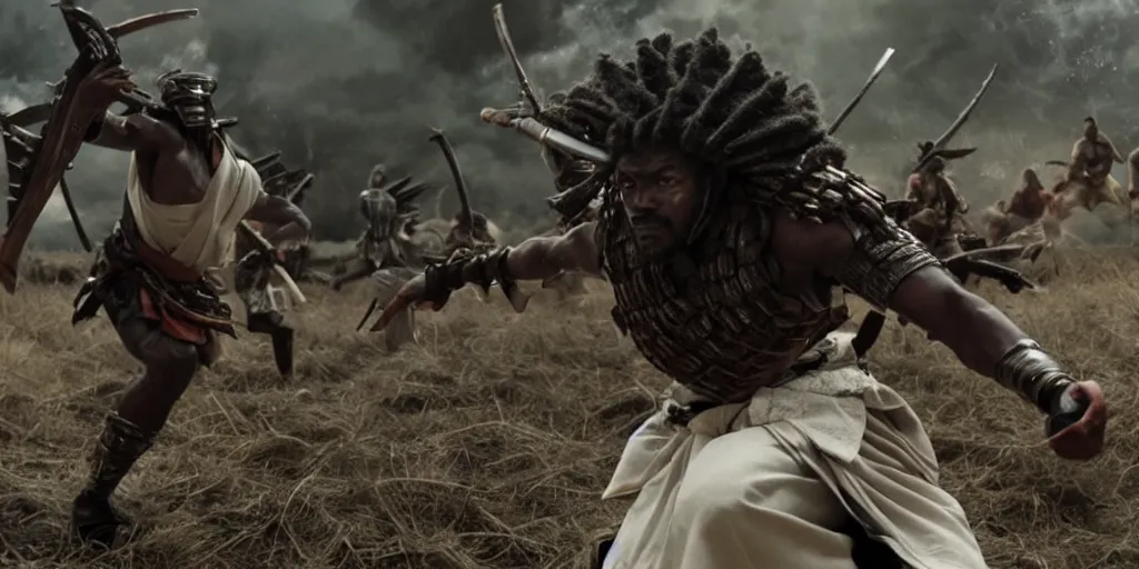 Prompt: a film still of a black man starring in a japanese blockbuster film as ancient samurai, battling against alien creatures, shallow depth of field, cinematic, award winning cgi, vfx, film still