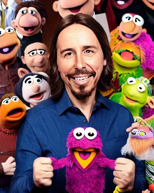 Prompt: pablo iglesias as a muppet. highly detailed felt. hyper real photo. 4 k.