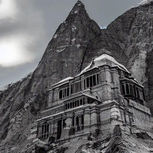 Image similar to photograph of an intimidating and mysterious cathedral built into the side of a Himalayan mountain at a high elevation, designed by I.M. Pei and Giger, cinematic lighting, dramatic masterpiece, magic hour, vultures flying in sky