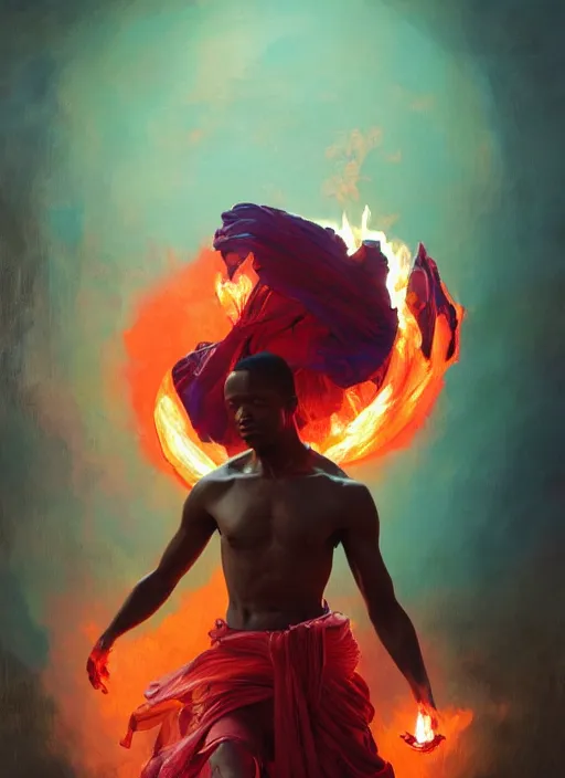 Image similar to portrait of african man, fire, red aura in motion, floating pieces, painted art by tsuyoshi nagano, greg rutkowski, artgerm, alphonse mucha, spike painting