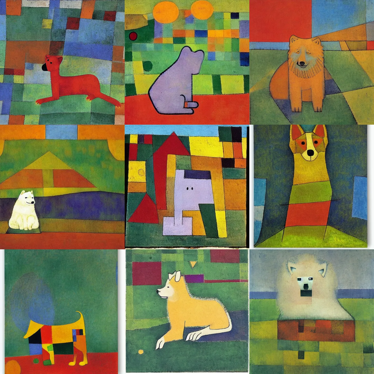 Prompt: a samoyed dog sitting in the middle of sunny meadow, by paul klee