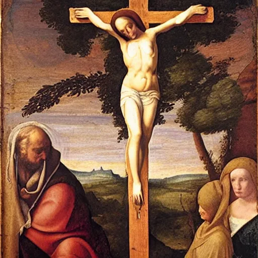 Prompt: a detailed renaissance painting of a woman being crucified on a cross like Christ