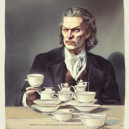 Image similar to boss senator stephen armstrong from the game metal gear solid holds a small porcelain cup with tea from which steam comes out, romanticism style, detailed facial proportions