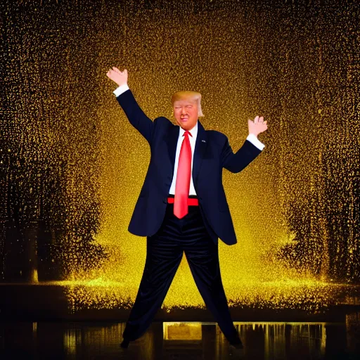 Image similar to Donald Trump dancing in a golden shower while golden rain falls