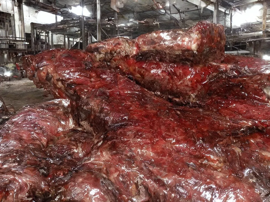 Image similar to shiny slab of beef being eaten by flies, warehouse, slaughterhouse, nightmare, horror,