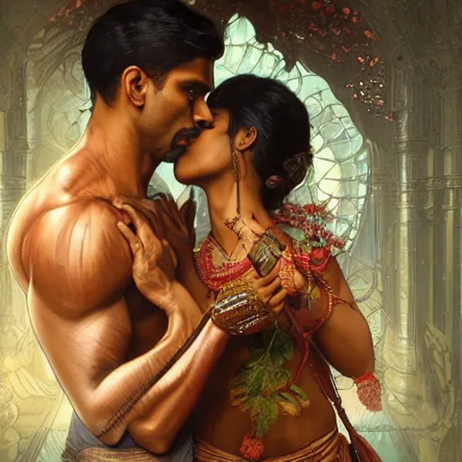 Prompt: portrait painting of dark muscular indian couple kissing, sari, ultra realistic, concept art, intricate details, eerie, highly detailed, photorealistic, octane render, 8 k, unreal engine. art by artgerm and greg rutkowski and alphonse mucha