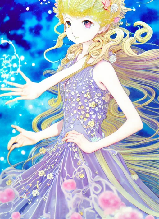 Image similar to exquisite imaginative manga poster of a fairy princess, fate grand order, long wavy hair, rococo ruffles dress, shimmering, by shigenori soejima, minaba hideo, katsuhiro otomo, jump comics, illustration, artstation, pixiv, dark fantastic, highly detailed, 8 k, fluorescent, fluorescent, maximalist