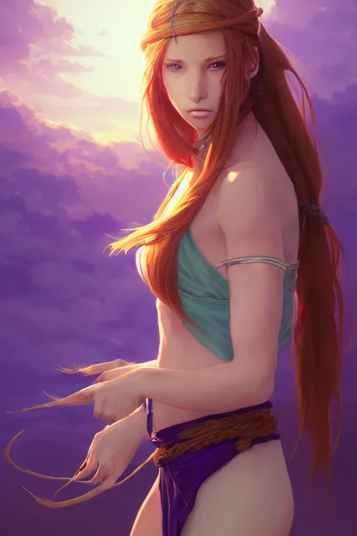 Image similar to long ginger hair, tanned woman in a prehistoric outfit, green eyes, by artgerm, hair tied in a ponytail, white backdrop, soft lighting, blue and purple colors, by greg rutkowski makoto shinkai takashi takeuchi