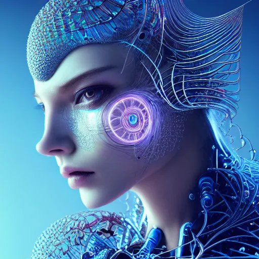 Prompt: portrait of an absurdly beautiful, graceful, sophisticated, fashionable cyberpunk mechanoid, hyperdetailed illustration by irakli nadar, matt wisniewski style, intricate linework, white porcelain skin, iridescent fractal headdress, day - glow facepaint, jellyfish ruff, unreal engine 5 highly rendered, global illumination, blue light, detailed and intricate environment
