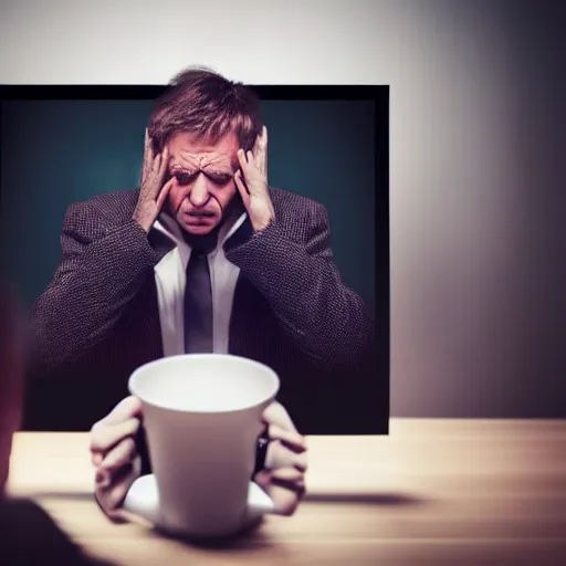 Prompt: annoyed angry man waiting for a friend in front of a computer, night, soft screen light