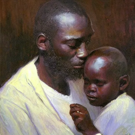 Image similar to a painting of a elegant, well fed, smooth-chinned, elder with few eyebrows and his son from Kenya by Henry Ossawa Tanner . thinker without facial hair, thoughtful, focused, visionary, calm, jovial, loving, fatherly, generous, . dramatic angle, ethereal lights, details, smooth, sharp focus, illustration, realistic, cinematic, artstation, award winning, rgb , unreal engine, octane render, cinematic light, macro, depth of field, blur, red light and clouds from the back, highly detailed epic cinematic concept art CG render made in Maya, Blender and Photoshop, octane render, excellent composition, dynamic dramatic cinematic lighting, aesthetic, very inspirational, arthouse.