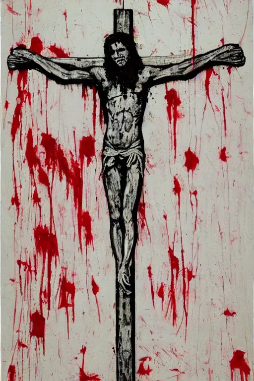 Image similar to bloody christ crucified on a very big mushroom painted in by cy twombly and andy warhol