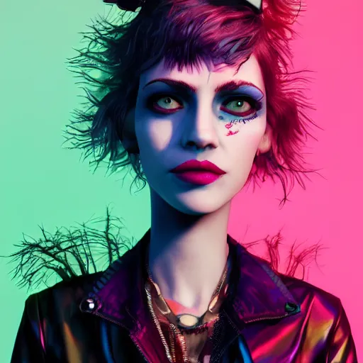 Image similar to punk women portrait made out of paint, short hair, octane render, highly detailed, realistic, tim burton and bob ross comic book art, matte painting, holographic, trending on artstation, cinematic, splashes of neon