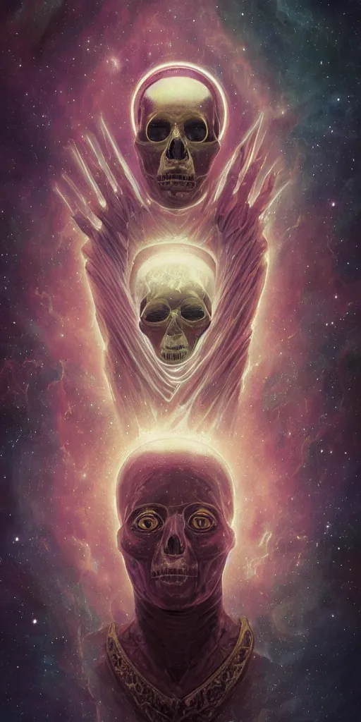 Image similar to intense glowing egyptian mummy god with ancient bandages and intense black eyes with a skull in very dark cosmic nebula by artgerm and beksinski and alphonse mucha, portrait, centered, symmetrical, clear, light beams, lens flare, intense, pharoah, uhd, amazing depth, cinematic lighting, black and purple and shining gold