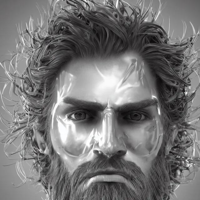 Image similar to realistic, dark hairy handsome man, love, joy, complex cybernetic beings, glowing hair, vortexes, large array, ornate hair, 3 d model, fish eye, round form, cinematic light shadows, wet hdr refractions, insanely detailed rendering, artstation, 8 k, * * * * *