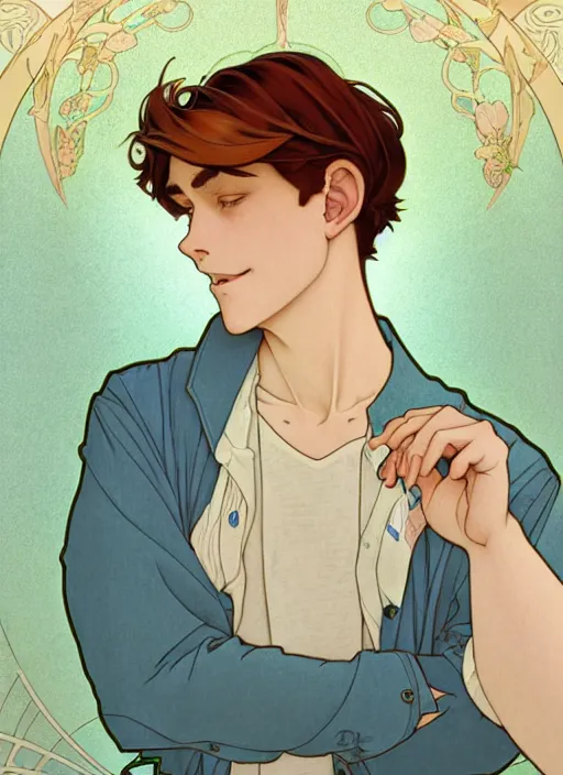 Image similar to well - lit art nouveau portrait of a young man with medium length auburn hair, pale skin, freckles, light blue eyes, casual clothes, natural lighting, path traced, highly detailed, high quality, cartoon, digital painting, by don bluth and ross tran and studio ghibli and alphonse mucha