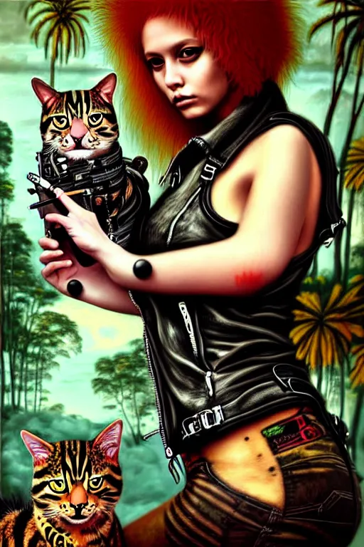 Prompt: punk rock girls making selfie with cats in jungle , mad max jacket, post apocalyptic, renaissance, highly detailed, digital painting, oil painting by Leonardo Da Vinci, hyper realistic style, fantasy by Olga Fedorova