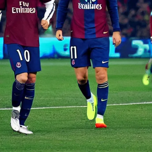 Image similar to cristiano ronaldo with messi in psg, very realistic, ultra detailed, cinematic