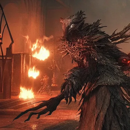 Prompt: “ a still of splinter the rat as a bloodborne boss ”