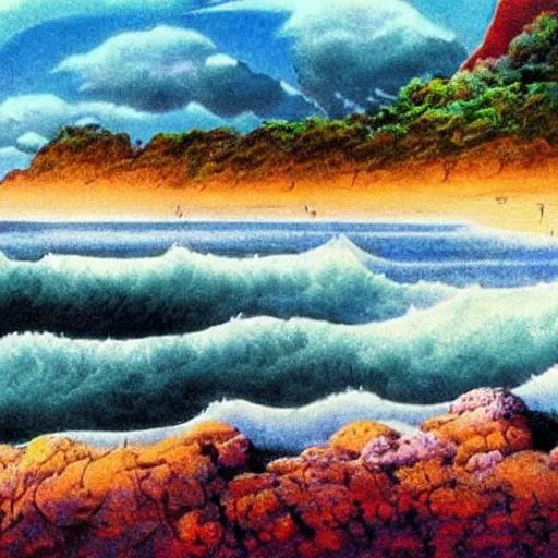 Image similar to Australian Coast, by Nobuhiko Obayashi, matte painting, colorful landscape.