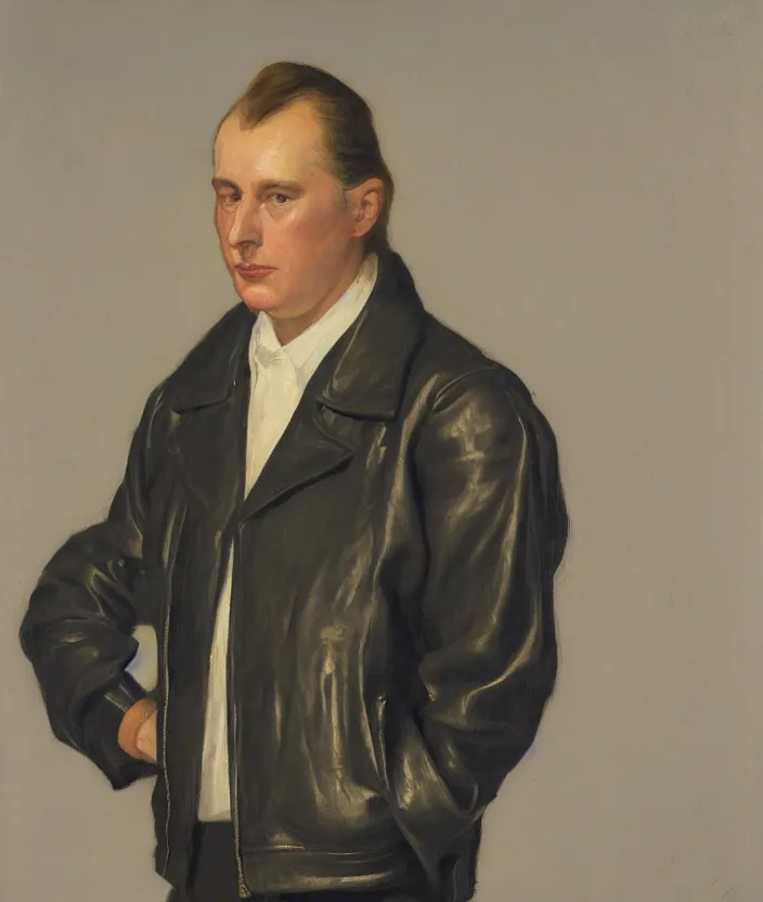 Image similar to a very detailed portrait of a man, wearing an 8 0 s jacket with big shoulder pads, very aesthetic leather jacket, detailed closeup of leather jacket, front view, in the style of edward hopper and oswald hornby joseph birley and susan ryder, very small brushstrokes, 4 k,