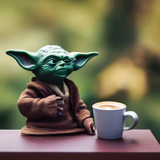 Image similar to yoda from star wars sitting comfortably in a starbucks drinking a latte in the evening. color photo, 8 5 mm high depth of field, warm color palette.