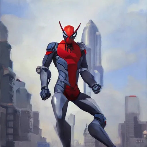 Image similar to greg manchess portrait painting of armored spiderman ultraman grey fox from metal gear cyborg gay japanese - american hybrid as overwatch character, medium shot, asymmetrical, profile picture, organic painting, sunny day, matte painting, bold shapes, hard edges, street art, trending on artstation, by huang guangjian and ail elvgren and sachin teng