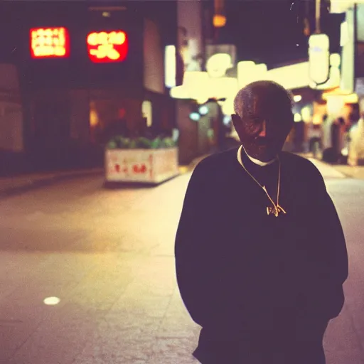 Image similar to old black man in tokyo at night, wearing gold chain, gold rings, cinestill 8 0 0,