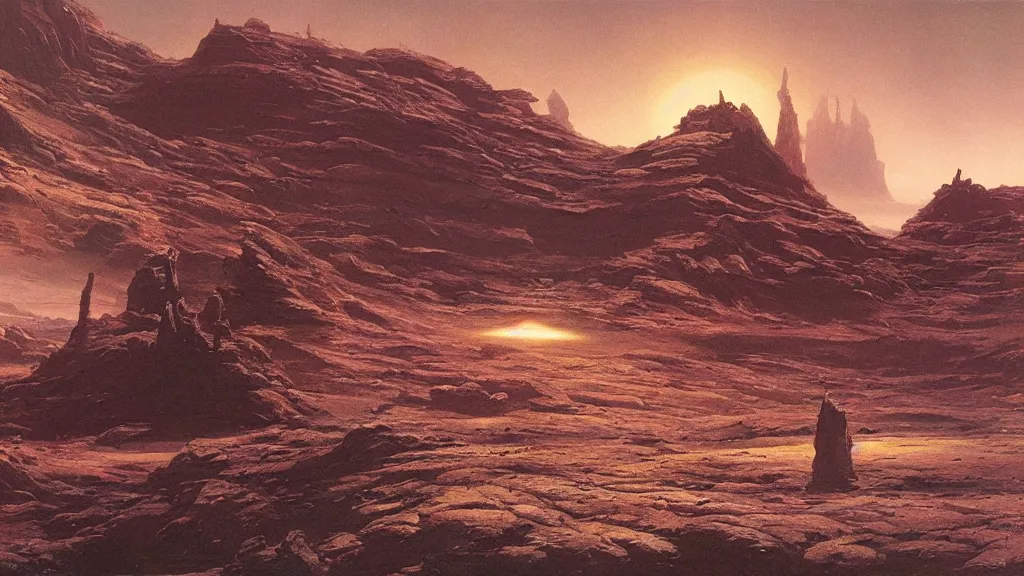 Image similar to otherworldly atmosphere of an evolving alien planet by arthur haas and bruce pennington and john schoenherr, cinematic matte painting