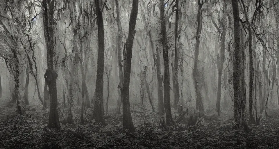 Image similar to A dense and dark enchanted forest with a swamp, by Jason De Graaf