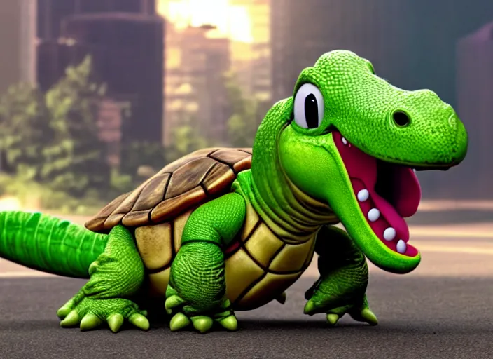 Image similar to film still of yoshi in the new sci - fi movie, cute upright dinosaur with a small turtle shell and long tongue, 8 k