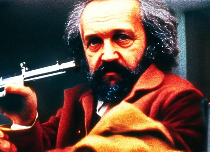 Image similar to very detailed 70s movie still of one Karl Marx with a kalachnikov, cinestill 800t 10mm 4k, grainy picture cinematic dramatic light