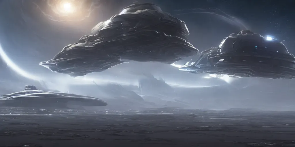 Prompt: a large detailed halo and homeworld spaceship detailed with streamlined design, elegant and beautiful very large and long floating over a barren dry land with an epic cloud formation on the background by James Paick and raphael lacoste , very detailed, octane render, 8k, scary and brooding, scary and dark, canon 24mm lens