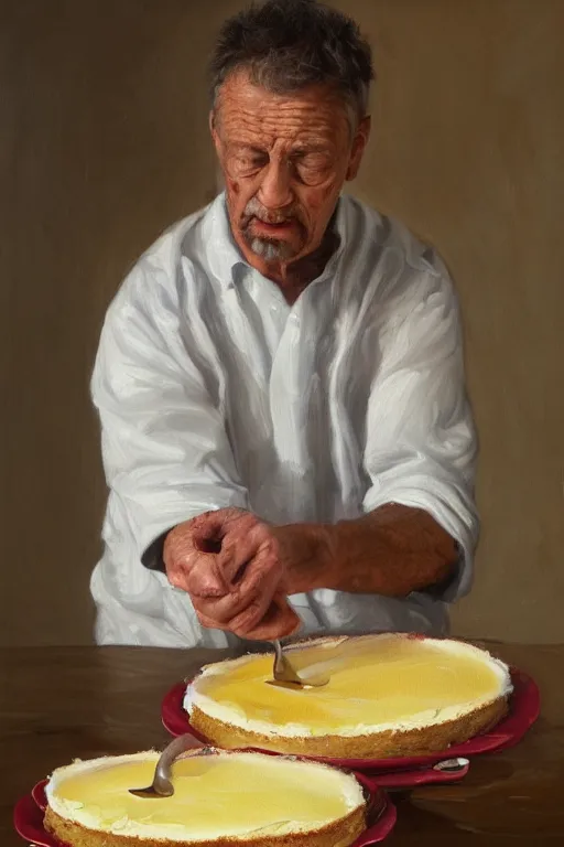 Image similar to man putting cheesecake in the fridge, oil on canvas, intricate, portrait, 8 k highly professionally detailed, hdr, cgsociety