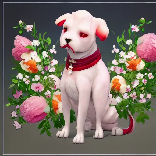 Prompt: Fu dog with peonies, digital art, 8k, trending on artstation